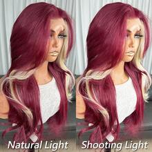 13x4 Burgundy Lace Front Wig Kanekalon Futura Hair 22 Inch Long Wave Highlight Wigs Curtain Bangs, Glueless Kanekalon Hair Resistant Synthetic Hair Wigs Free Part 150% Density Ready To Wear Synthetic Wigs For Daily Party Festival Holiday Use Beginner Friendly Wigs Transparent Lace Wigs - Burgundy - View 7