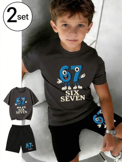 2pcs/Set Tween Boy Funny Slogan Print Short Sleeve T-Shirt And Shorts, Summer Tops For Kids, Young Student Casual Outfit