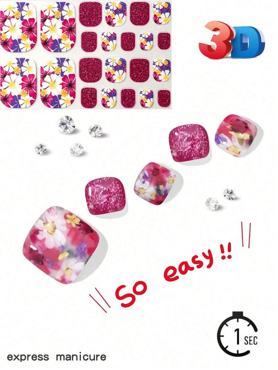 春季花卉脚趾甲美甲贴纸，粉色花朵设计脚趾甲贴花 - 彩色 - 查看 1