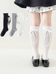 1/3 Pairs Minimalist Spring/Summer Girls Lace Bow Mid-Calf Socks, Versatile Breathable Sweet Cute Princess Leg Warmers, Casual Daily/School Wear - Multicolor - View 1