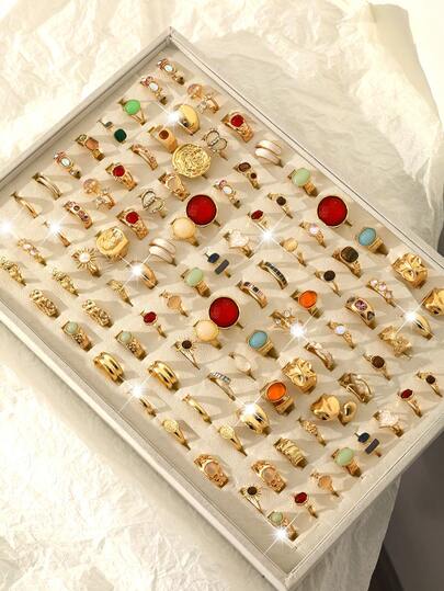 25/20/15/13/6pcs Vintage Elegant Casual Y2K Bohemian Style Gold Tone Rings Set, Includes Colorful Resin Gemstone, Cat Eye, Tiger Eye, Heart, Cross, Star, Moon, Sun, Water Drop, Rhinestone Elements, Suitable For Daily, Wedding, Holiday, Party Wear, Perfect Gift (Random Assortment)