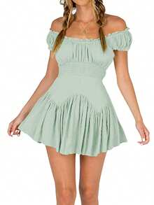 Women Summer Short Dress Solid Color Ruched Bust Boat Neck Off Shoulder Puff Sleeve A-Line One Piece For Ladies - Mint Green - View 5