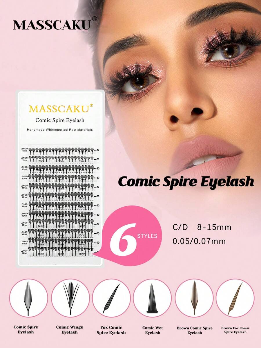 12 filas de extensiones de pestañas en espiral premontadas MASSCAKU, pestañas gruesas de cómic de 8-15 mm con rizo C/D, aspecto de pestañas manga negro mate, extensiones de pestañas para uso profesional en salón - Ver 1