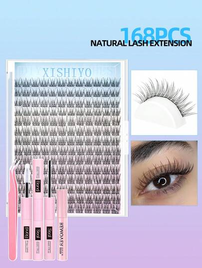 168pcs D-Curl 9-12mm Mixed Eyelash Extension Kit, Includes Lash Glue, Sealant And Tools For DIY Lash Application At Home. Suitable For Travel, Daily Wear (Beginner Friendly), Weddings, Dates, Parties, Holidays, Also Great As Christmas/Halloween Gift