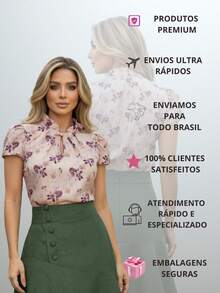 Blusa Estampada Florida Casual Elegante com Babado e Decote com Botão - Rosê - Visão 6