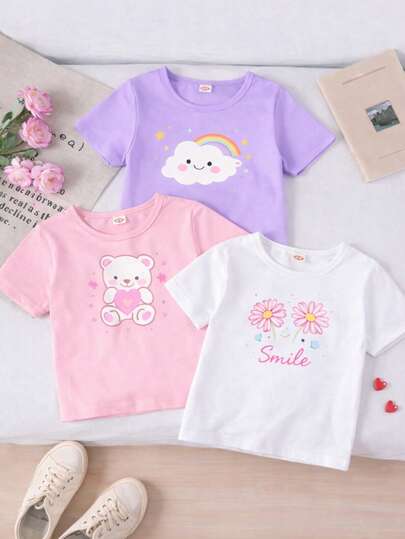 Set de 3 camisetas de manga corta de ajuste holgado con cuello redondo para niñas, con estampado de corazón y letras, diseño sencillo y casual, versátiles para el verano