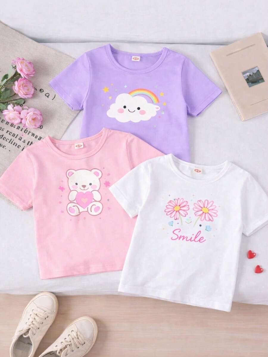 Set de 3 camisetas de manga corta de ajuste holgado con cuello redondo para niñas, con estampado de corazón y letras, diseño sencillo y casual, versátiles para el verano - Rosa - Ver 1