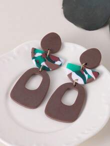 1 par de pendientes versátiles hechos a mano con diseño geométrico de parches de arcilla suave y acrílico de semicírculo colorido, adecuados para fiestas, vacaciones y como regalo - Multicolor - Ver 8