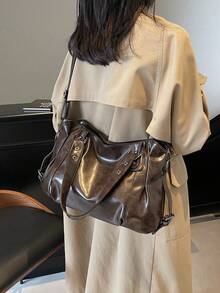 Vintage Large Capacity Hobo Bag - Soft Vegan Faux Leather , City Vintage Shoulder Bag For Women,  Large Capacity Hobo Crossbody Bag, Fall Fashion Casual Handbag, Shoulder & Crossbody Purse, Retro Y2K Style For Fall, Casual Tote For School, Office, And Streetwear - 咖啡棕 - 查看 3