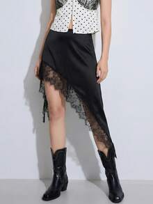 Chân váy nữ màu đen viền ren, dáng xòe bất đối xứng, dài ngang gối, không co giãn, thanh lịch, phù hợp cho nhiều dịp, thích hợp cho buổi tối, hẹn hò, đi chơi, đi làm (JH25215) Mùa xuân - màu đen - Xem 9