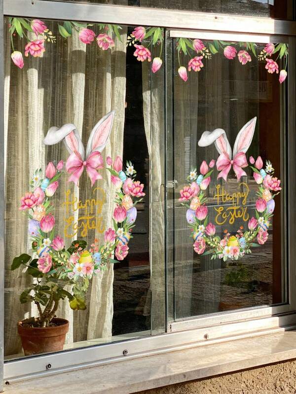 1 set (30 cm, 40 cm 2 pièces) Sticker de fenêtre 2D de couronne de lapin de Pâques, décoration de fenêtre
