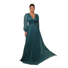 Elegant Women's Long Dress With Long Sleeves And Pleats, Suitable For Bridesmaids, Bridesmaids, Mothers Of The Bride, Groomsmen, Weddings, Graduations, And Evangelical Fashion. - 石油綠 - 查看 6