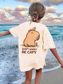 Tween Girls' Casual Printed Round Neck Short Sleeve T-Shirt, Summer Top - Apricot - View 1