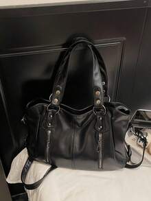 New Classic Multi-Purpose Commuter Solid Color Large Capacity Retro PU Leather Shoulder Bag Handbag Wallet, Zipper Closure Women's Bag, Suitable For Shopping Travel - Black - View 5