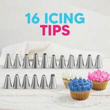 16 Piping Nozzles, 2 Converters, 2 Purple Zip Ties, 3 Blue Cream Scrapers, 1 12 Inch EVA Piping Bag, 100 Disposable Piping Bags, 124 Piece Set, Essential For Baking, Cake Decoration Tool Set, Valentine's Day Gift - 彩色 - 查看 3