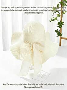 亚麻波浪边蝴蝶结女士宽檐沙滩帽，纯色简约遮阳帽 - 彩色 - 查看 12