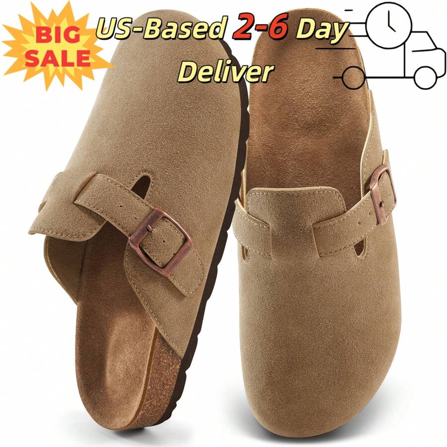 Women's Suede Clogs Slip On Mules Cork Footbed Potato Shoes Comfort Closed Toe Sandals With Arch Support.Women's Leather Mules: Adjustable Hook-And-Loop Closed-Toe ClogsApricot Leather Mules Cork Footbed Sandals Potato Shoes With Arch Support,Slide Sandals For Women's,The Mueller Shoes Are Adjustable And Come With A Flat Bottom, Making Them Easy To Wear And Cool.Women's Brown All Season Muller Shoes.Women's Suede Clogs With Buckle Closure And Rubber Sole,Apricot Leather Mules Cork Footbed Sandals Potato Shoes. - 棕色 - 查看 1