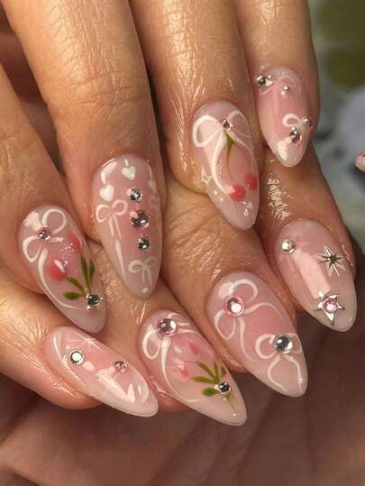 Spring/Summer Nails, 24 Pieces/Set Almond-Shaped Spring/Summer Pink Tulip Nails With Rhinestones Press-On Short Nails Suitable For Sassy Girls, Office Ladies, Parties, Dates, Everyday Wear, And Special Occasions