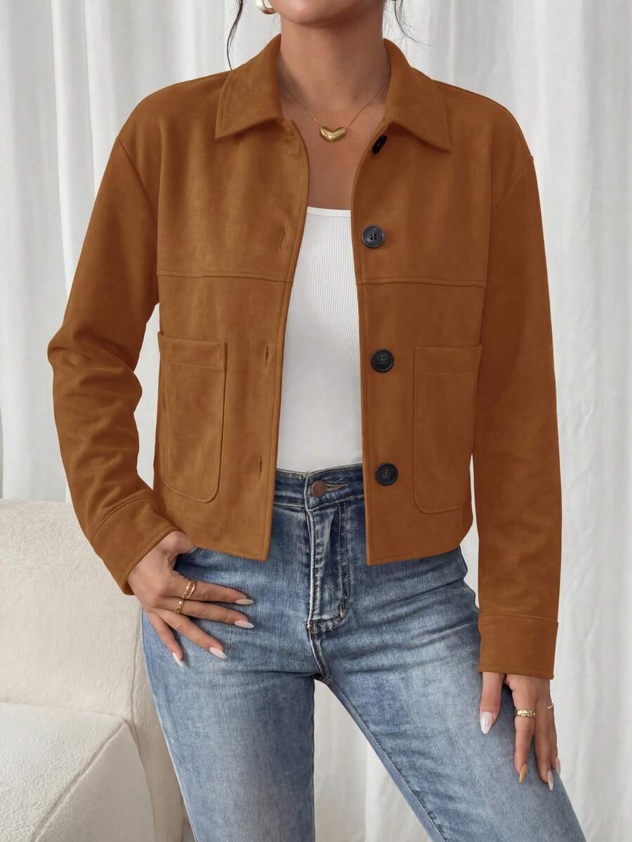 Women's Faux Suede Cropped Jacket Casual Fall Fashion Button Down Winter Coats Outerwear Clothes Christmas New Years Outfit Women - 棕色 - 查看 1