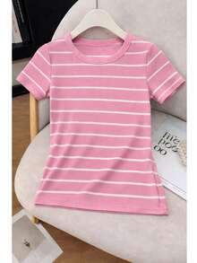 Women's Ribbed Cotton Striped Basic Two-Tone T-Shirt - Casual Autumn/Winter/Summer American Style - BB條紋粉紅色 - 查看 2