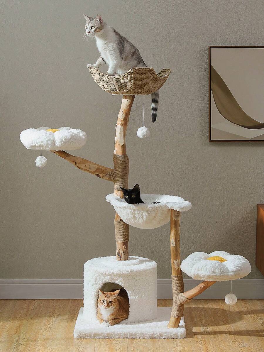 PAWZ Road 59" Modern Cat Tree Tower For Large Cats W/2 Flower Perches-Natural Solid Wood Scratching Post With Real Branch-Luxury Boho Cat Furniture W/Condo & Wicker Basket Bed, Cloud White - 白色 - 查看 1