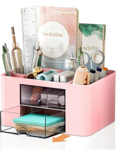1pc Multi-Function Desktop Storage Box With 2 Drawers And 5 Compartments For Stationery, Pens, Pencils, Makeup, And Cosmetics – Ideal Dorm Room Organizer, Home Office Desk Organizer, School Countertop Storage, Clutter-Reducing, Space-Saving, Clear Layout For Easy Visibility, Durable, Easy Access, Neat Workspace, Perfect Gift For Students And Professionals