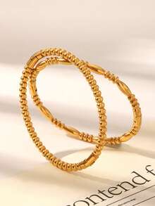 1件/2件/3件 简约复古球形竹结不锈钢镀金手镯，女士日常配饰，送给女孩、女士、亲戚、朋友的礼物，生日、情人节礼物 - 金色 - 查看 3