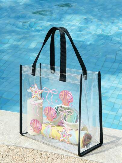 New Summer Seashell Pattern Transparent PVC Tote Bag, Large Beach Travel Shopping Bag, Cosmetic Bag, Jelly Bag, Gift Bag, Transparent Shoulder Bag, Party Bag, Wedding Birthday Party Gift Bag, Handmade Bag, Party Decor, Birthday Decor, Wedding Decor, Party Supplies, Suitable For Concerts, Sports Events, Festivals, Perfect For Beach Vacation, Travel And Holidays