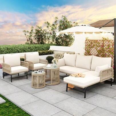 Garden Lounge Set, Garden Furniture Set, With Iron Frame And Beige Rope, Braided Rope Garden Furniture For Outdoor Use, Beige, Two Armchairs, Two 2-Seater Sofas And Two Tables (All Cushions Included)