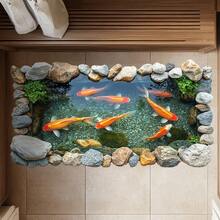 3D立体地板贴纸 石头池塘 鲤鱼 墙贴 金鱼群 防水防潮 自粘式家庭壁画贴纸 厨房浴室瓷砖贴纸 客厅卧室装饰艺术壁画 - 多色 - 查看 1