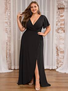 Plus Split Sleeve Wrap Hem Dress Elegant Bridesmaid Dress - Black - View 1