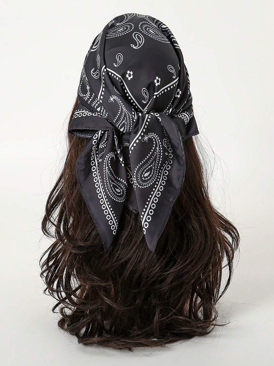 1pc Simple Printed 70cm Square Scarf, New Spring Bandana For Women, Versatile Waist Tie, Headband, Fashion Neckerchief - Black - View 1