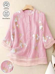 宽松T恤，V领休闲衬衫，复古刺绣拼接欧根纱衬衫，波西米亚风花卉刺绣优雅衬衫，简约日常复古植物刺绣短袖上衣，春夏粉色 - 粉色 - 查看 1