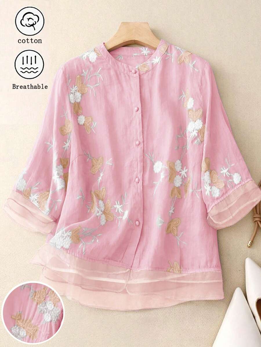 宽松T恤，V领休闲衬衫，复古刺绣拼接欧根纱衬衫，波西米亚风花卉刺绣优雅衬衫，简约日常复古植物刺绣短袖上衣，春夏粉色 - 粉色 - 查看 1