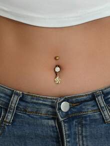 1pc Delicate Flower Pendant Belly Button Ring, Suitable For Women's Daily Wear, Dates, Parties - Yellow Gold - View 1