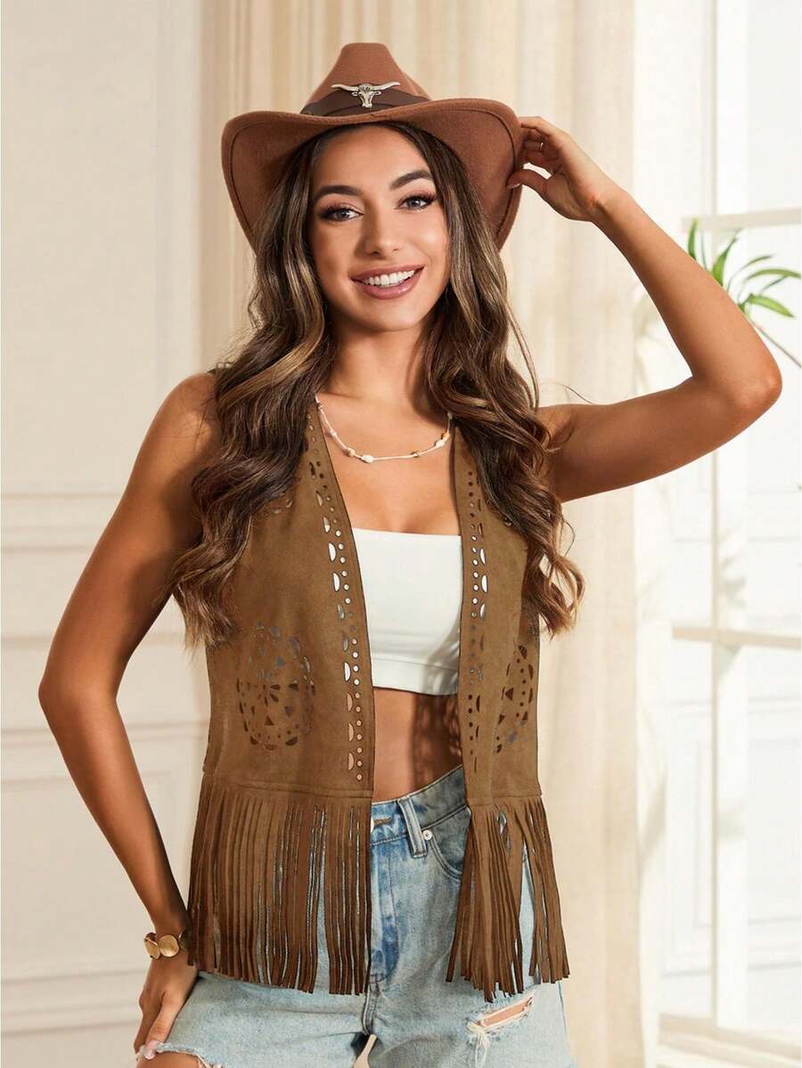 Women Boho Western Tassel Vest Open Front Faux Suede Fringe Cardigan Sleeveless Jacket Vintage Hippie Outwear - màu nâu - Xem 1