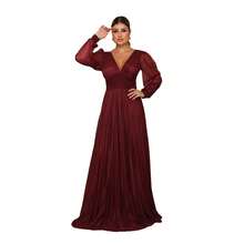 Elegant Women's Long Dress With Long Sleeves And Pleats, Suitable For Bridesmaids, Bridesmaids, Mothers Of The Bride, Groomsmen, Weddings, Graduations, And Evangelical Fashion. - 紅木色 - 查看 7