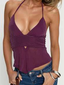 Women's Halter Top Deep V Backless Ruched Cutout Asymmetrical Hem Crop Top For Summer Party Night Out - 紫色 - 查看 1