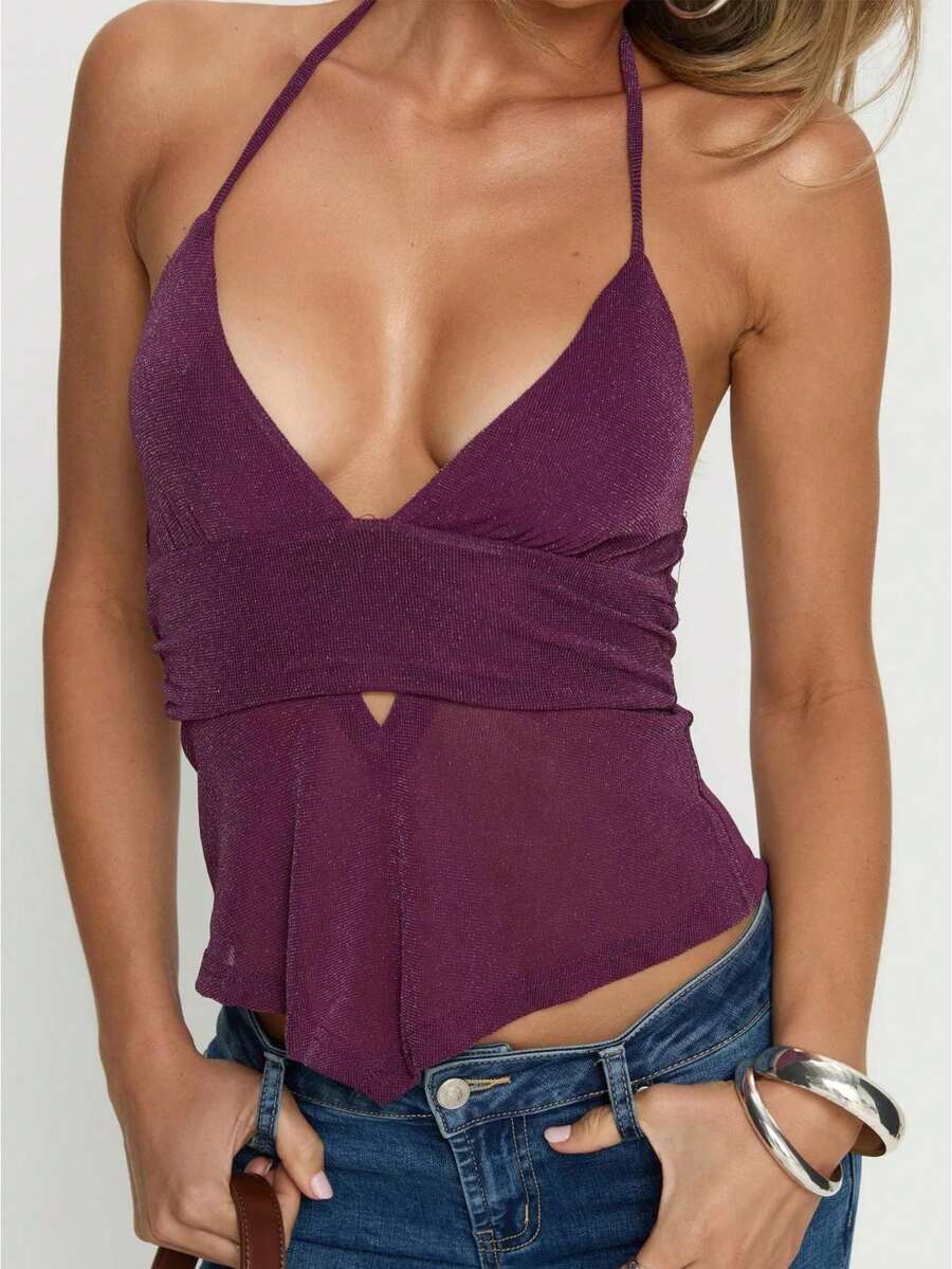 Women's Halter Top Deep V Backless Ruched Cutout Asymmetrical Hem Crop Top For Summer Party Night Out - 紫色 - 查看 1