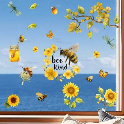 3pcs Honey Themed Decorative Window Stickers, With Branch Flowers, Sunflowers, Bees, Leaves And Honey Jar Pattern Design, DIY Decor, Suitable For Home Glas Window Wall Decoration, Single Use, Removable PVC Stickers, Seasonal Decor