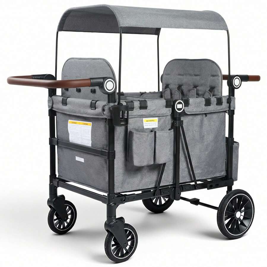 Kinder King Wagon Stroller For 4 Kids, All-Terrain Foldable Outdoor Stroller Wagon 4 Seater, Removable Canopy, Adjustable Handle, Shock-Absorbing Wheel, Detachable Tray, Large Storage, Gray - Xám - Xem 1