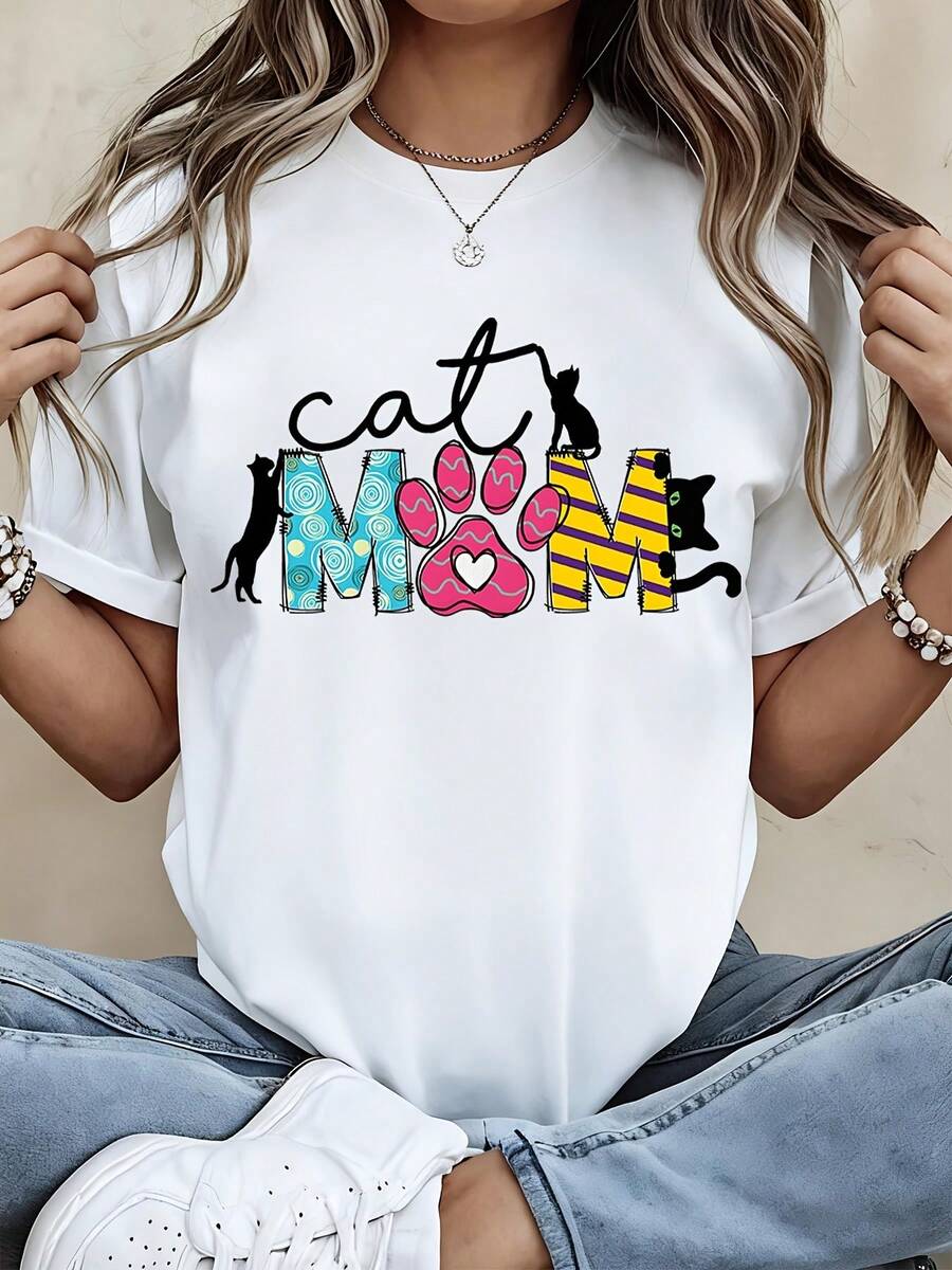 Cat Mom Paw Print Design Summer Short Sleeve T Shirt - White - View 1