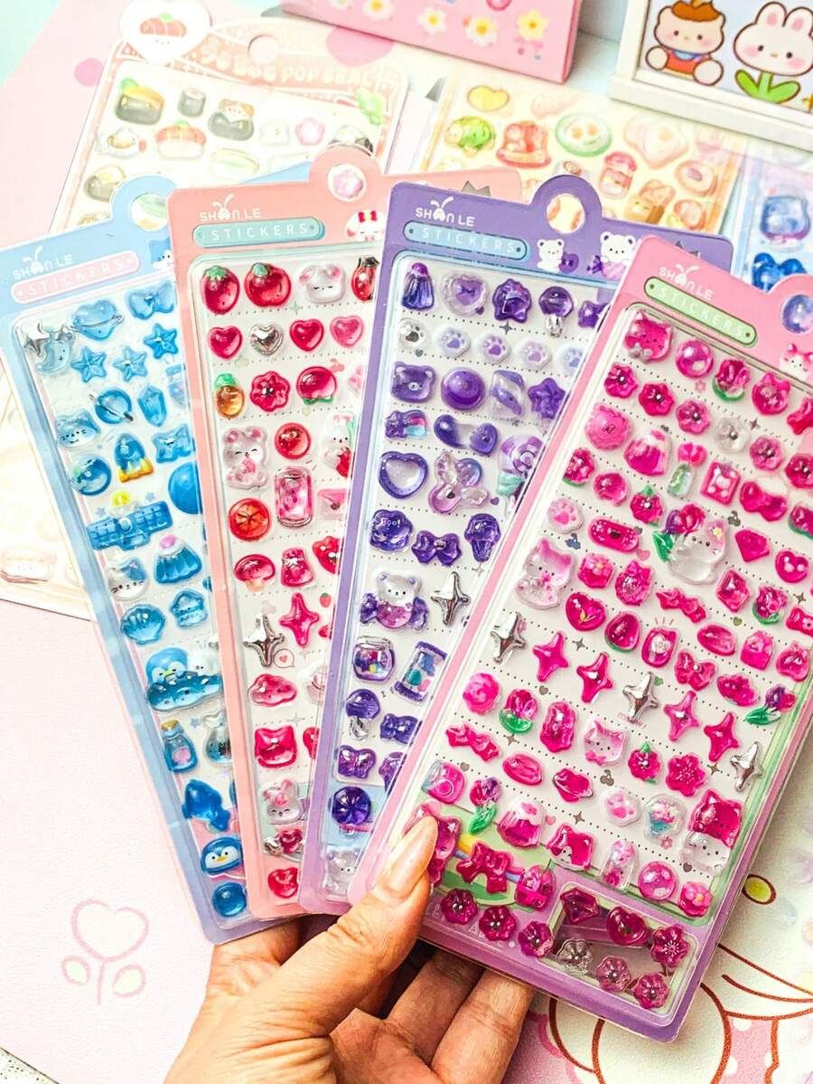 Cute Cartoon 3D Embossed Crystal Stickers, Cat Rabbit Star Stereo Kids' Decals, Lovely Educational Kids' Handmade Reward Paste, Scratch-Proof & Moisture-Proof Dirt-Resistant Creative Decor For Schoolbags Pencil Bags Tablet CasesDecorations - Gifts. - Multicolor - View 1