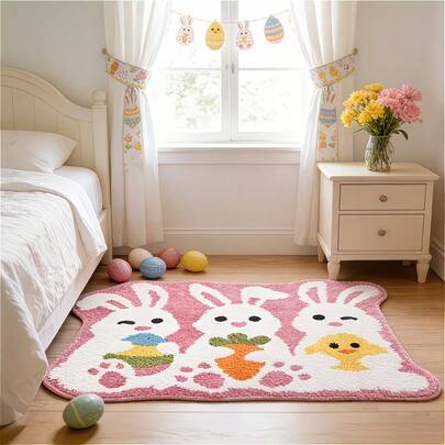 1件装复活节迎宾垫，可爱三只兔子客厅装饰沙发地毯，鸡蛋和小鸭图案卧室床边地毯，适用于装饰地毯、卧室装饰、小地毯、地毯、家居装饰、客厅地毯、客厅小地毯、卧室地毯、客厅家居装饰、户外地毯、可水洗地毯