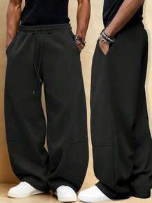 1 Piece Men's Loose Wide Leg Pants, Drawstring Waistband Design Solid Color Loose Sports Pants, 2026 High-End Casual Sports Pants, Comfortable Fiber Fabric, Suitable For Daily Wear And Outdoor Activities. Suitable For All Seasons Pants For Men - 黑色 - 查看 10