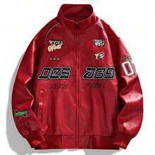 Chaqueta de cuero estilo carrera americana bordado para hombre look urbano audaz marca de alta moda - Rojo - Ver 12