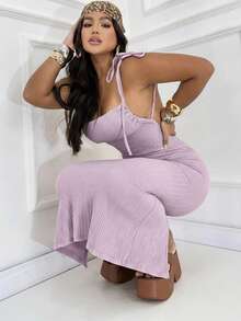 Women's Long Dress With Various Ties, Butt-Lifting Effect, Sensual Slit, And Thin Straps - 紫丁香色 - 查看 1