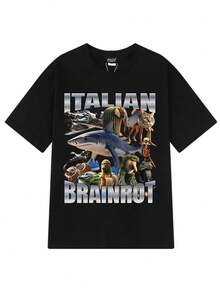 Humorous T-Shirt With Crocodile Pattern, Men's And Women's Style, Loose Fit. - Black - View 1