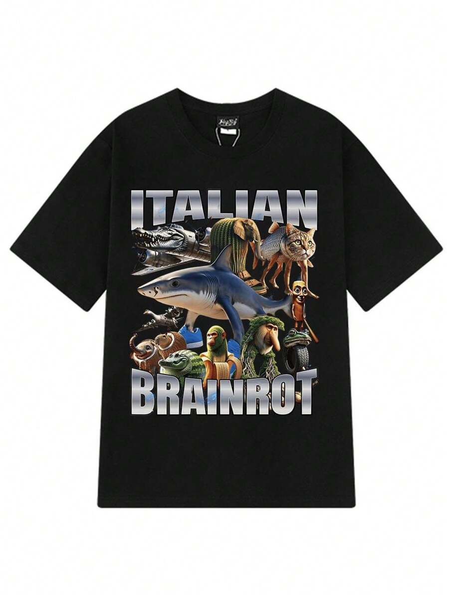 Humorous T-Shirt With Crocodile Pattern, Men's And Women's Style, Loose Fit. - Black - View 1