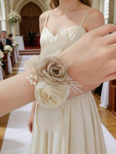 1pc Premium Rose Flower With Alloy Lace Ribbon Wrist Corsage, Suitable For Bride, Bridesmaid, Mother Of The Bride, Wedding, Engagement, Formal Events, Parties, Commemorations